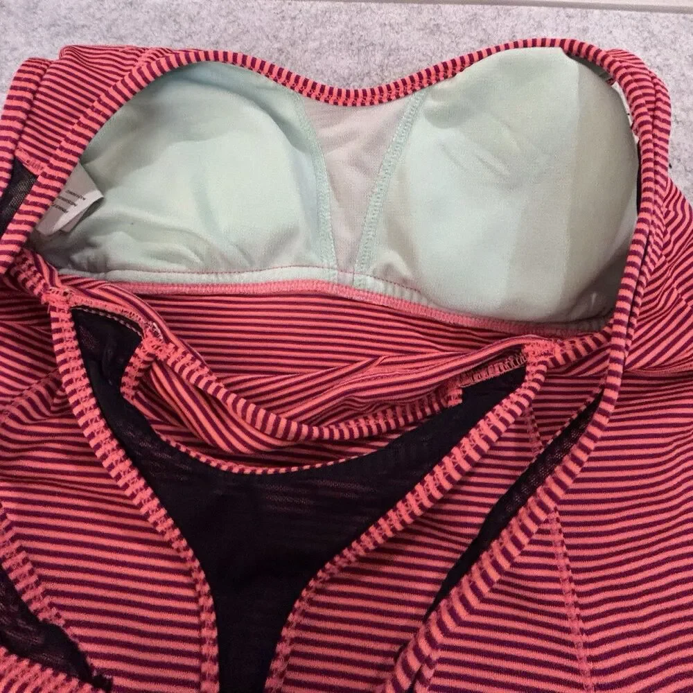 NIKE Women’s L Tankini Swim Top Coral Striped Racerback Built In Shelf Bra